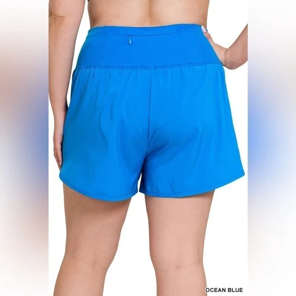 Zenana Plus Size Olive High Waist Zipper Back Pockets Running Shorts - Picture 4 of 5